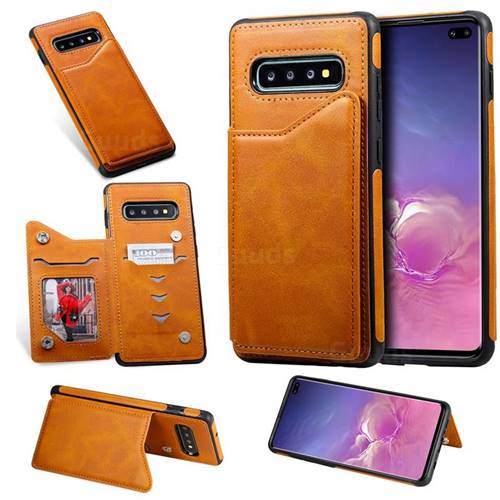 Luxury Multifunction Magnetic Card Slots Stand Calf Leather Phone Back Cover for Samsung Galaxy S10 Plus(6.4 inch) - Brown