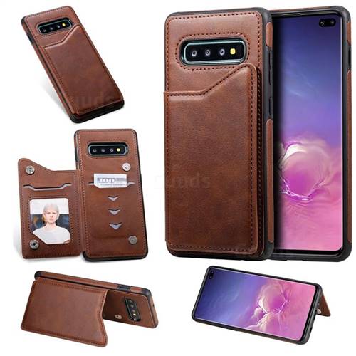 Luxury Multifunction Magnetic Card Slots Stand Calf Leather Phone Back Cover for Samsung Galaxy S10 Plus(6.4 inch) - Coffee