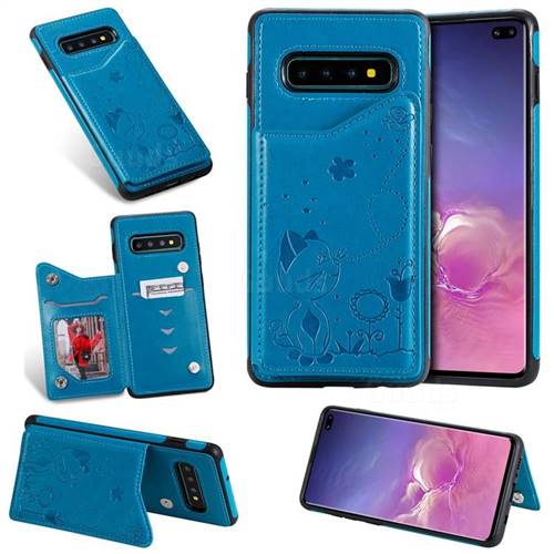 Luxury Bee and Cat Multifunction Magnetic Card Slots Stand Leather Back Cover for Samsung Galaxy S10 Plus(6.4 inch) - Blue