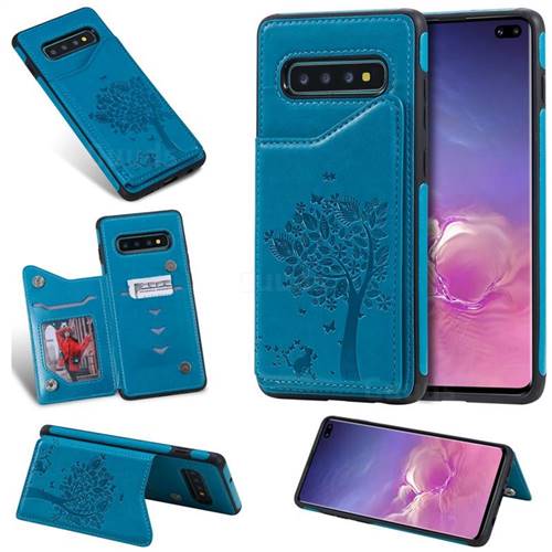 Luxury R61 Tree Cat Magnetic Stand Card Leather Phone Case for Samsung Galaxy S10 Plus(6.4 inch) - Blue