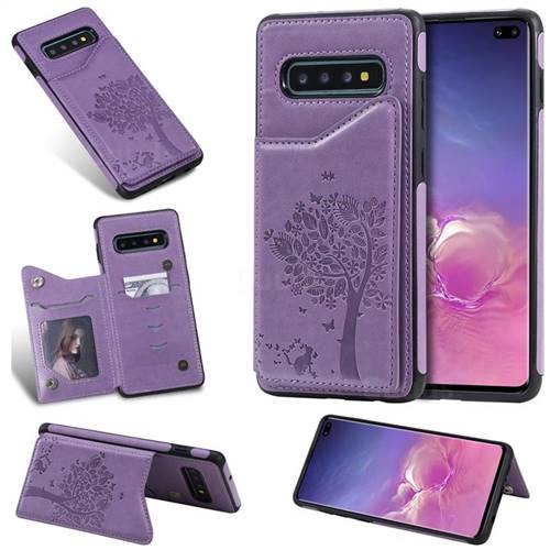 Luxury R61 Tree Cat Magnetic Stand Card Leather Phone Case for Samsung Galaxy S10 Plus(6.4 inch) - Purple