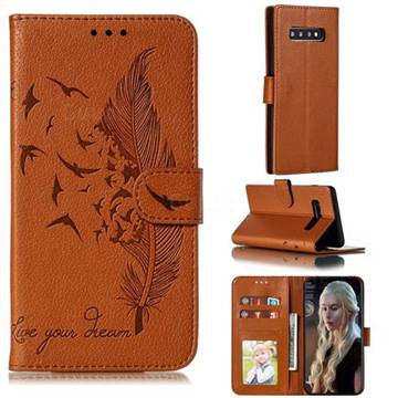 Intricate Embossing Lychee Feather Bird Leather Wallet Case for Samsung Galaxy S10 Plus(6.4 inch) - Brown