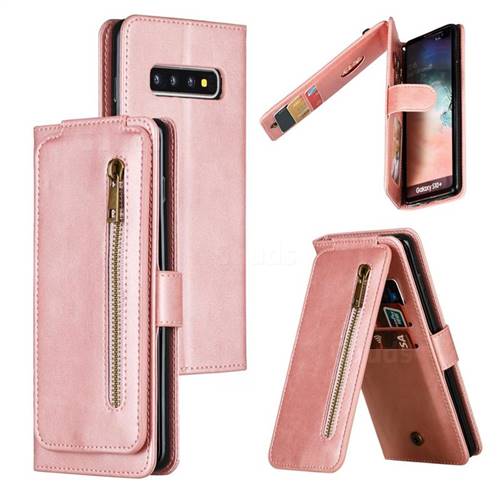 Multifunction 9 Cards Leather Zipper Wallet Phone Case for Samsung Galaxy S10 Plus(6.4 inch) - Rose Gold