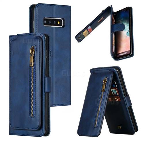 Multifunction 9 Cards Leather Zipper Wallet Phone Case for Samsung Galaxy S10 Plus(6.4 inch) - Blue