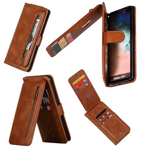 Multifunction 9 Cards Leather Zipper Wallet Phone Case for Samsung Galaxy S10 Plus(6.4 inch) - Brown