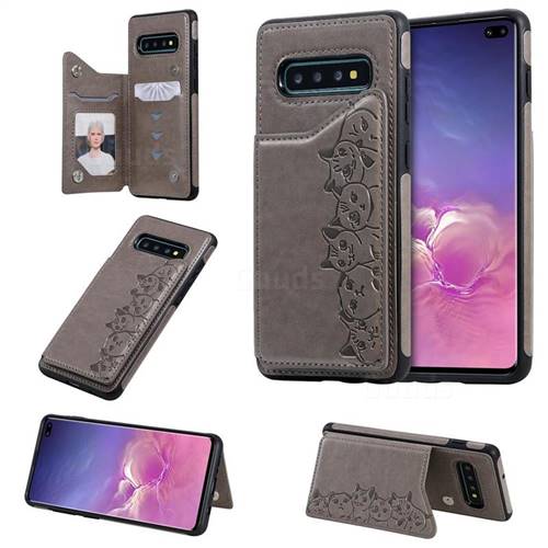 Yikatu Luxury Cute Cats Multifunction Magnetic Card Slots Stand Leather Back Cover for Samsung Galaxy S10 Plus(6.4 inch) - Gray