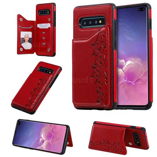 Yikatu Luxury Cute Cats Multifunction Magnetic Card Slots Stand Leather Back Cover for Samsung Galaxy S10 Plus(6.4 inch) - Red
