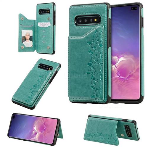 Yikatu Luxury Cute Cats Multifunction Magnetic Card Slots Stand Leather Back Cover for Samsung Galaxy S10 Plus(6.4 inch) - Green