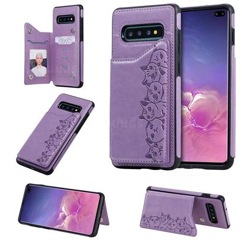 Yikatu Luxury Cute Cats Multifunction Magnetic Card Slots Stand Leather Back Cover for Samsung Galaxy S10 Plus(6.4 inch) - Purple