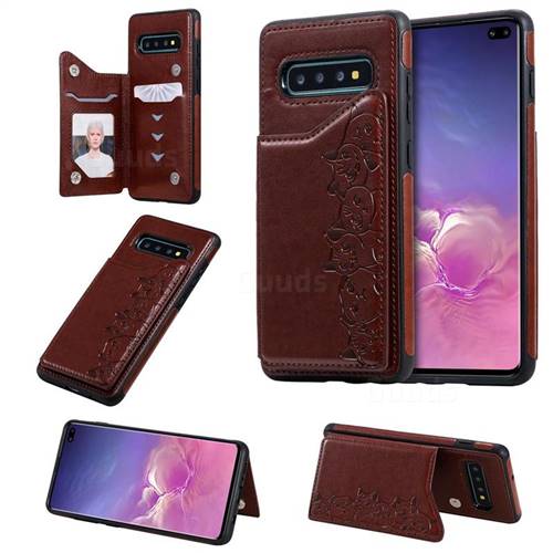 Yikatu Luxury Cute Cats Multifunction Magnetic Card Slots Stand Leather Back Cover for Samsung Galaxy S10 Plus(6.4 inch) - Brown