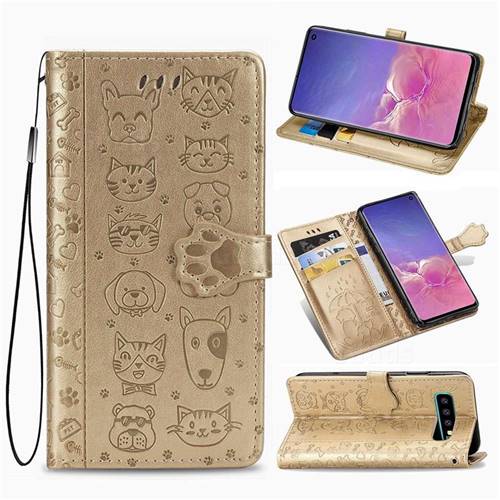 Embossing Dog Paw Kitten and Puppy Leather Wallet Case for Samsung Galaxy S10 Plus(6.4 inch) - Champagne Gold