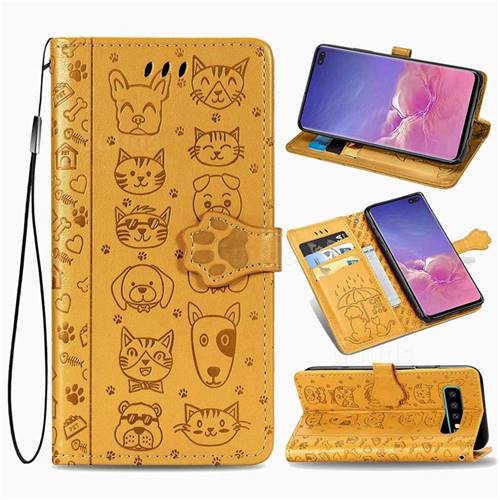 Embossing Dog Paw Kitten and Puppy Leather Wallet Case for Samsung Galaxy S10 Plus(6.4 inch) - Yellow