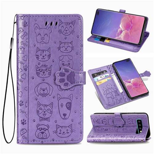 Embossing Dog Paw Kitten and Puppy Leather Wallet Case for Samsung Galaxy S10 Plus(6.4 inch) - Purple