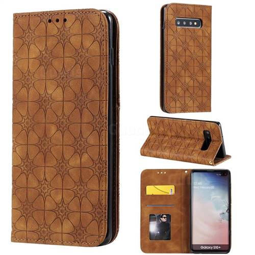 Intricate Embossing Four Leaf Clover Leather Wallet Case for Samsung Galaxy S10 Plus(6.4 inch) - Yellowish Brown