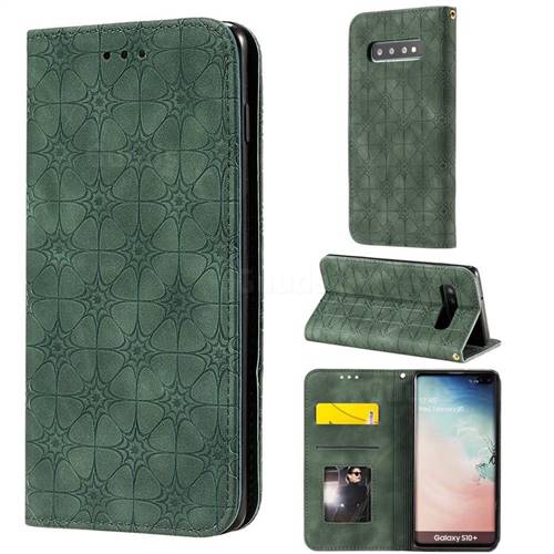 Intricate Embossing Four Leaf Clover Leather Wallet Case for Samsung Galaxy S10 Plus(6.4 inch) - Blackish Green