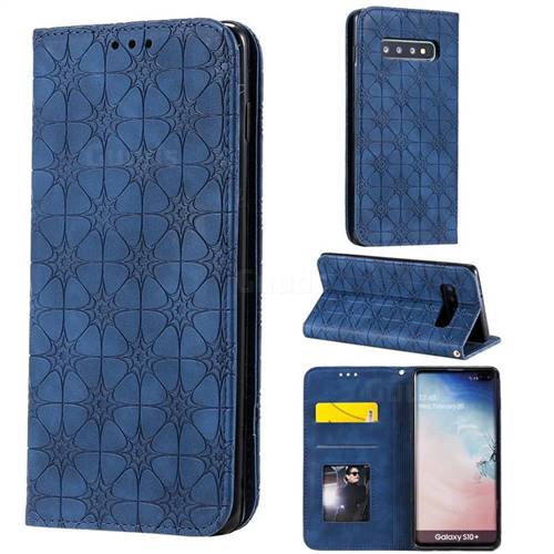 Intricate Embossing Four Leaf Clover Leather Wallet Case for Samsung Galaxy S10 Plus(6.4 inch) - Dark Blue