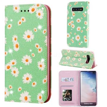 Ultra Slim Daisy Sparkle Glitter Powder Magnetic Leather Wallet Case for Samsung Galaxy S10 Plus(6.4 inch) - Green