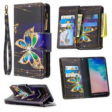 Golden Shining Butterfly Binfen Color BF03 Retro Zipper Leather Wallet Phone Case for Samsung Galaxy S10 Plus(6.4 inch)
