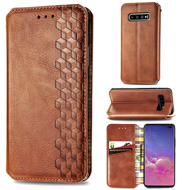 Ultra Slim Fashion Business Card Magnetic Automatic Suction Leather Flip Cover for Samsung Galaxy S10 Plus(6.4 inch) - Brown