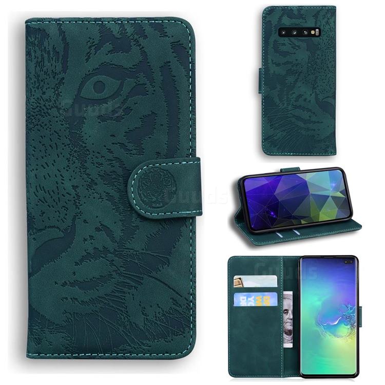 Intricate Embossing Tiger Face Leather Wallet Case for Samsung Galaxy S10 Plus(6.4 inch) - Green