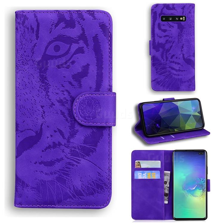 Intricate Embossing Tiger Face Leather Wallet Case for Samsung Galaxy S10 Plus(6.4 inch) - Purple
