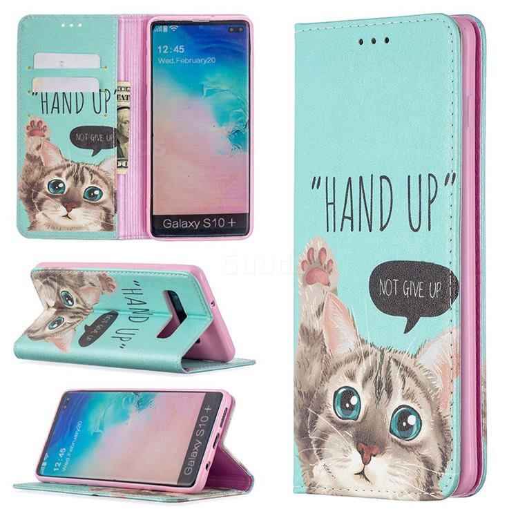 Hand Up Cat Slim Magnetic Attraction Wallet Flip Cover for Samsung Galaxy S10 Plus(6.4 inch)