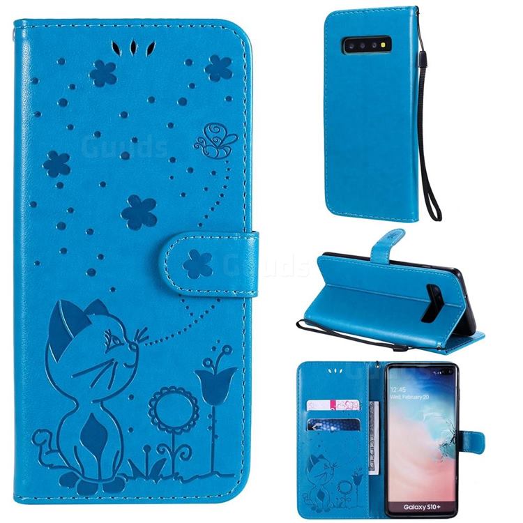 Embossing Bee and Cat Leather Wallet Case for Samsung Galaxy S10 Plus(6.4 inch) - Blue