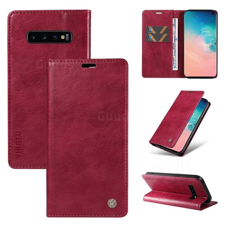 YIKATU Litchi Card Magnetic Automatic Suction Leather Flip Cover for Samsung Galaxy S10 Plus(6.4 inch) - Wine Red