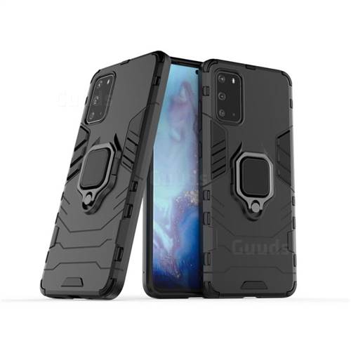 Black Panther Armor Metal Ring Grip Shockproof Dual Layer Rugged Hard Cover for Samsung Galaxy S20 Plus / S11 - Black