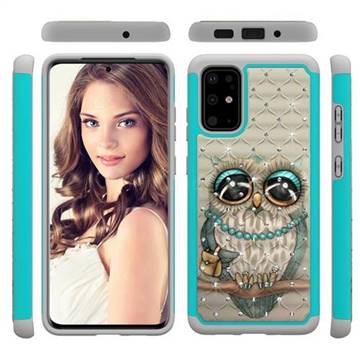 Sweet Gray Owl Studded Rhinestone Bling Diamond Shock Absorbing Hybrid Defender Rugged Phone Case Cover for Samsung Galaxy S20 Plus / S11