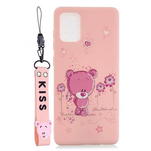 Pink Flower Bear Soft Kiss Candy Hand Strap Silicone Case for Samsung Galaxy S20 Plus / S11