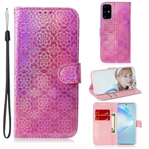 Laser Circle Shining Leather Wallet Phone Case for Samsung Galaxy S20 Plus / S11 - Pink