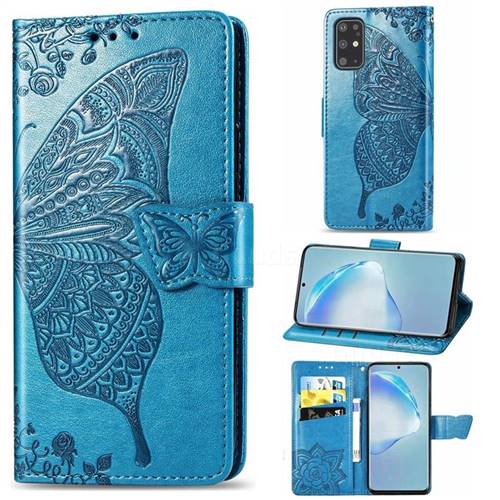 Embossing Mandala Flower Butterfly Leather Wallet Case for Samsung Galaxy S20 Plus / S11 - Blue