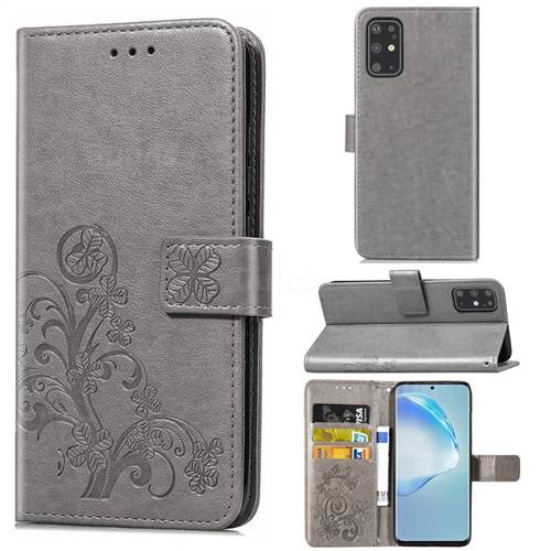 Embossing Imprint Four-Leaf Clover Leather Wallet Case for Samsung Galaxy S20 Plus / S11 - Grey