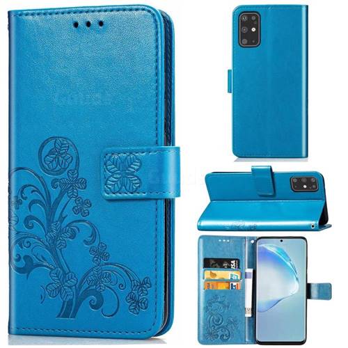 Embossing Imprint Four-Leaf Clover Leather Wallet Case for Samsung Galaxy S20 Plus / S11 - Blue