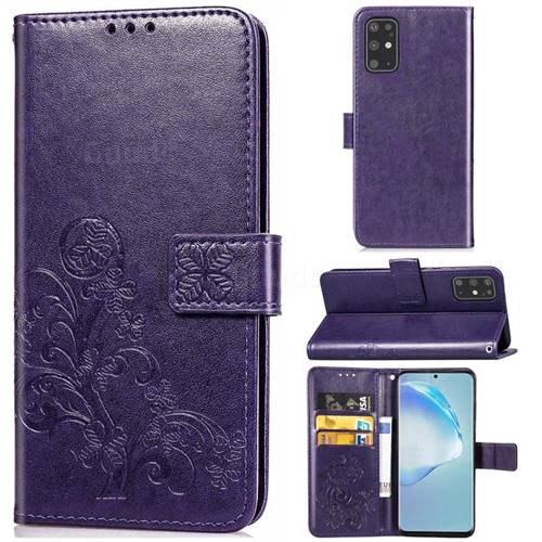 Embossing Imprint Four-Leaf Clover Leather Wallet Case for Samsung Galaxy S20 Plus / S11 - Purple