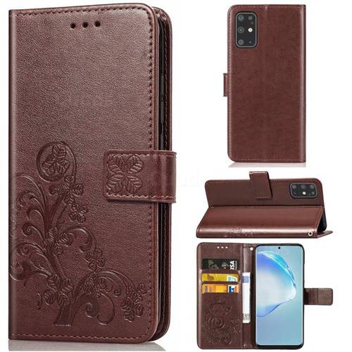 Embossing Imprint Four-Leaf Clover Leather Wallet Case for Samsung Galaxy S20 Plus / S11 - Brown