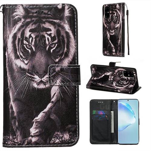 Black and White Tiger Matte Leather Wallet Phone Case for Samsung Galaxy S20 Plus / S11