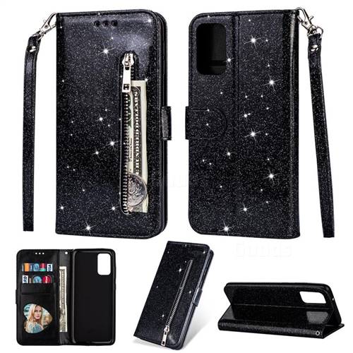 Glitter Shine Leather Zipper Wallet Phone Case for Samsung Galaxy S20 Plus / S11 - Black