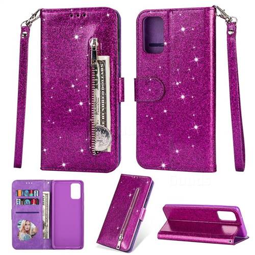 Glitter Shine Leather Zipper Wallet Phone Case for Samsung Galaxy S20 Plus / S11 - Purple