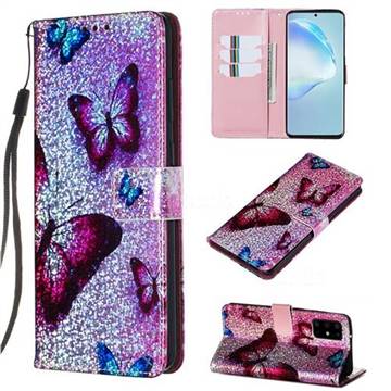 Blue Butterfly Sequins Painted Leather Wallet Case for Samsung Galaxy S20 Plus / S11