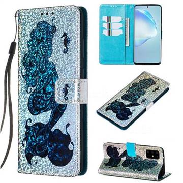 Mermaid Seahorse Sequins Painted Leather Wallet Case for Samsung Galaxy S20 Plus / S11