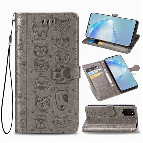 Embossing Dog Paw Kitten and Puppy Leather Wallet Case for Samsung Galaxy S20 Plus / S11 - Gray