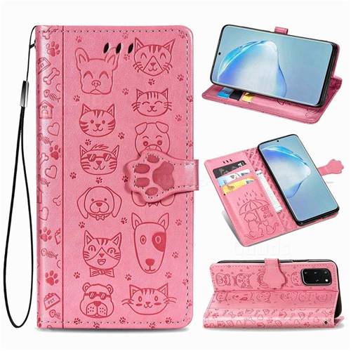 Embossing Dog Paw Kitten and Puppy Leather Wallet Case for Samsung Galaxy S20 Plus / S11 - Pink