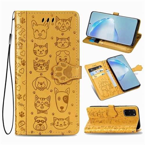 Embossing Dog Paw Kitten and Puppy Leather Wallet Case for Samsung Galaxy S20 Plus / S11 - Yellow