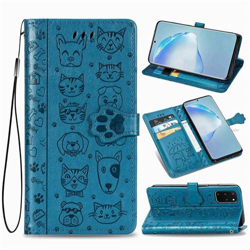 Embossing Dog Paw Kitten and Puppy Leather Wallet Case for Samsung Galaxy S20 Plus / S11 - Blue