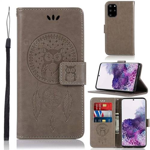 Intricate Embossing Owl Campanula Leather Wallet Case for Samsung Galaxy S20 Plus / S11 - Grey
