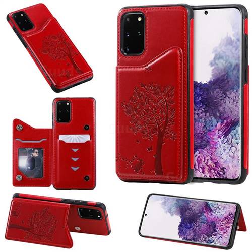 Luxury R61 Tree Cat Magnetic Stand Card Leather Phone Case for Samsung Galaxy S20 Plus / S11 - Red