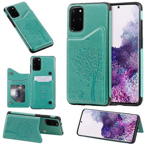 Luxury R61 Tree Cat Magnetic Stand Card Leather Phone Case for Samsung Galaxy S20 Plus / S11 - Green
