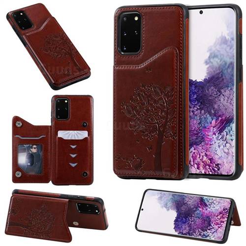 Luxury R61 Tree Cat Magnetic Stand Card Leather Phone Case for Samsung Galaxy S20 Plus / S11 - Brown